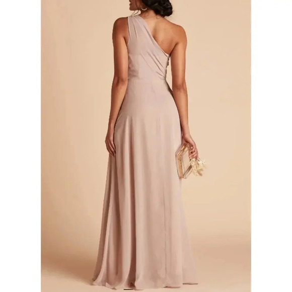 NWT Birdy Grey Kira Maxi Dress Asymmetrical One-Shoulder A-Line Chiffon Taupe S - Picture 3 of 5